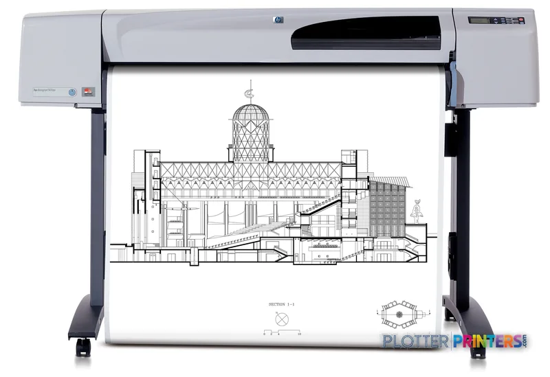HP Designjet 500 Plus 42-inch printer printing an architectural section drawing on large format paper