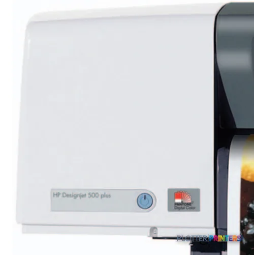HP Designjet 500 Plus 42-inch printer front view showing white housing with control panel and paper feed mechanism