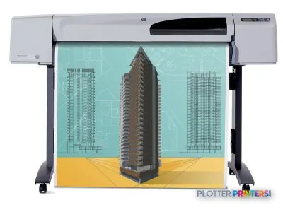HP Designjet 500 Plus 42-inch printer shown printing architectural blueprint with building design in color