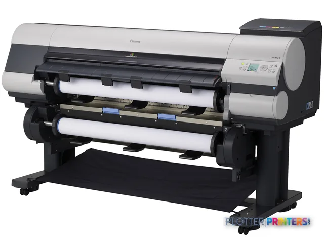 Canon imagePROGRAF iPF825 large-format printer product image showing the device with dual paper roll feed system