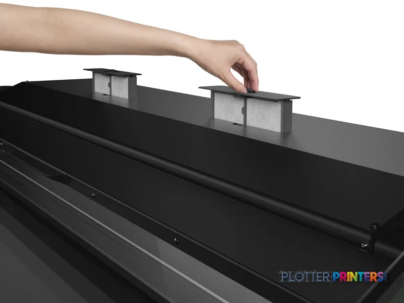 Hand accessing ink cartridge modules on top of black Epson SureColor SC-S80610L printer