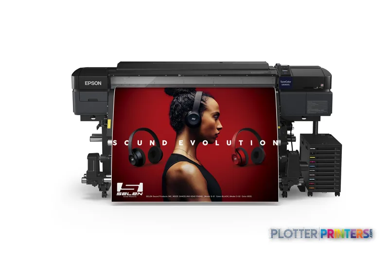 Epson SureColor SC-S80610L large format printer product image showing black inkjet printer with red promotional banner displ…