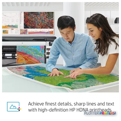 HP DesignJet Z6 Pro 64-in Printer with two users examining a large colorful map printout in an office setting