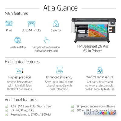 HP DesignJet Z6 Pro 64-in Printer product image with annotated features showing the white and grey large-format printer disp…