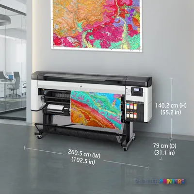 HP DesignJet Z6 Pro 64-in Printer with annotated dimensions showing white and grey printer printing colorful map output