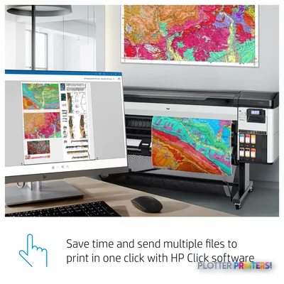 HP DesignJet Z6 Pro 64-in Printer with annotated features showing colorful map printout and control panel