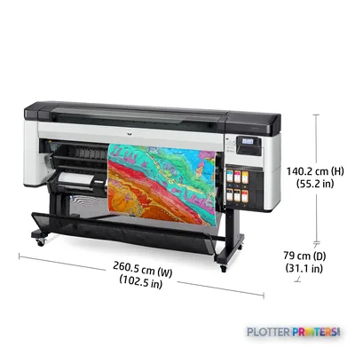 HP DesignJet Z6 Pro 64-in Printer annotated view showing dimensions and colorful print output