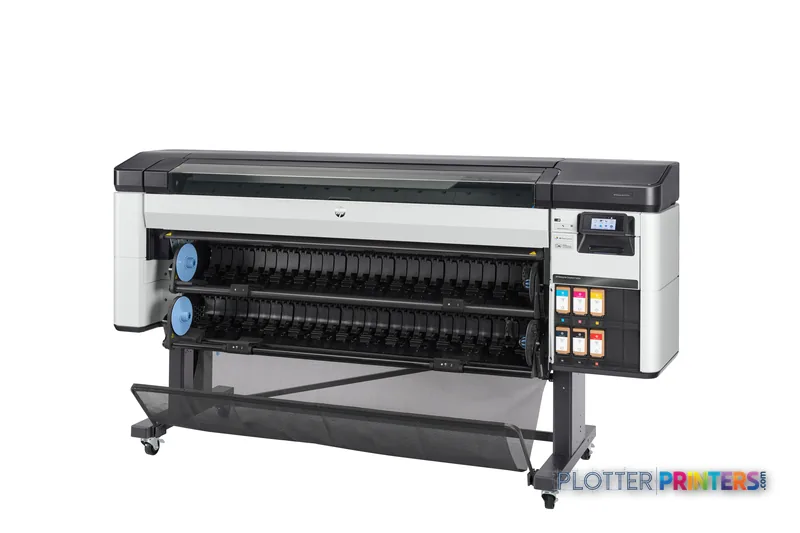 HP DesignJet Z6 Pro 64-in Printer front-left view showing white and grey body with dual ink cartridge system and control pan…