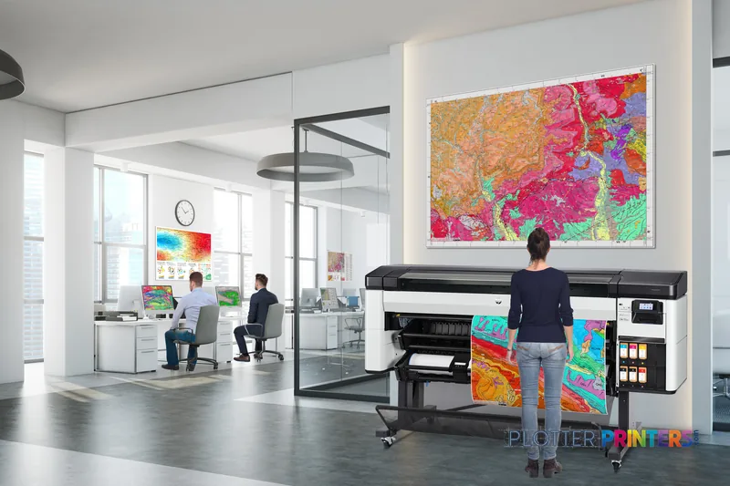 HP DesignJet Z6 Pro 64-in Printer lifestyle image showing the white and grey printer in a modern office with a user viewing…