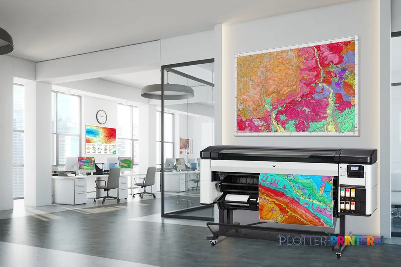 HP DesignJet Z6 Pro 64-in Printer lifestyle image showing white and grey printer in modern office with colorful prints
