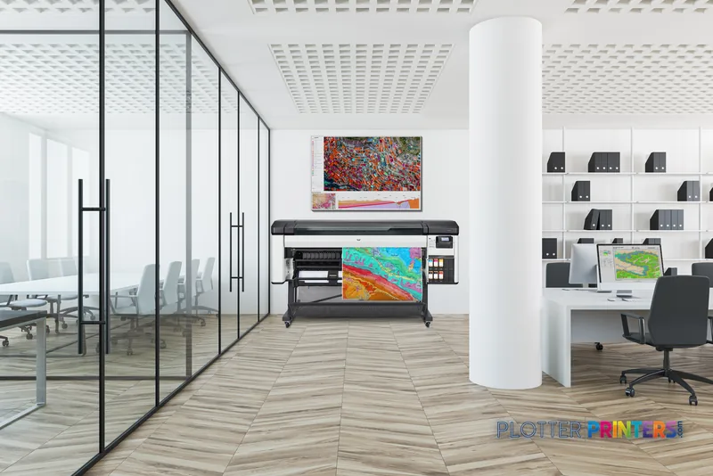 HP DesignJet Z6 Pro 64-in Printer lifestyle image showing white and grey printer in modern office with colorful prints displ…