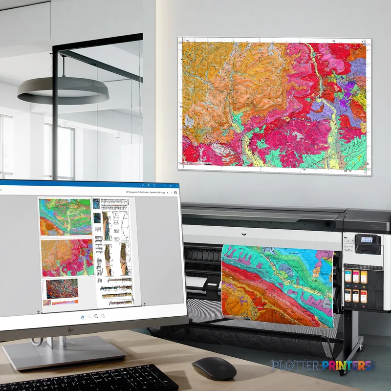 HP DesignJet Z6 Pro 64-in Printer lifestyle image showing the white and grey printer in an office setting with colorful map…