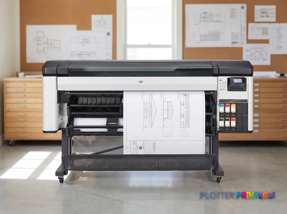 HP DesignJet Z6 Pro 64-in Printer in a plan room beside flat-file drawers, printing a CAD elevation (staged scene from manufacturer product photography)