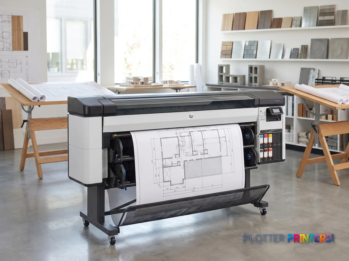 HP DesignJet Z6 Pro 64-in Printer in a bright architecture studio, printing a large floor plan (staged scene from manufacturer product photography)