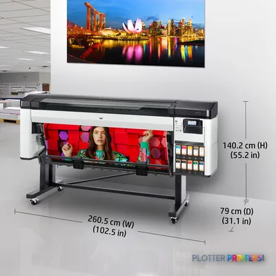 HP DesignJet Z9+ Pro 64-in printer with annotated dimensions, displaying vibrant color output sample on media