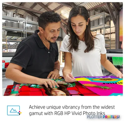 HP DesignJet Z9+ 64-in printer feature callout showing two users examining vibrant color output samples