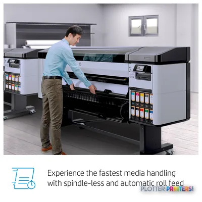 HP DesignJet Z9+ Pro 64-in printer with operator loading large-format media, feature callout view showing ink cartridges and…