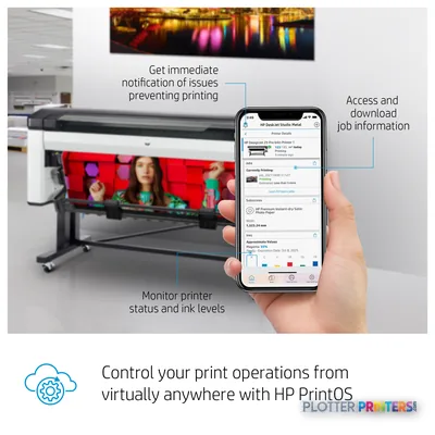 HP DesignJet Z9+ Pro 64-in printer with annotated feature callout showing mobile app interface for remote monitoring