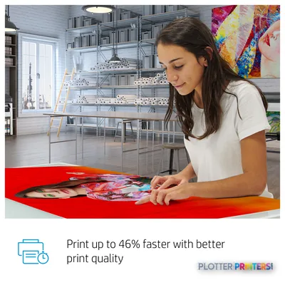 HP DesignJet Z9+ 64-in printer feature callout showing vibrant color print output on red paper