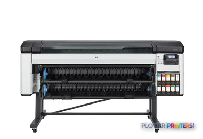 HP DesignJet Z9+ Pro 64-in printer front view showing white and black chassis with dual ink cartridge system and control pan…