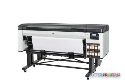 HP DesignJet Z9+ Pro 64-in printer front-left view showing white and black chassis with ink cartridges