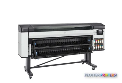 HP DesignJet Z9+ Pro 64-in printer front-right view showing white and black chassis with dual ink cartridge bays