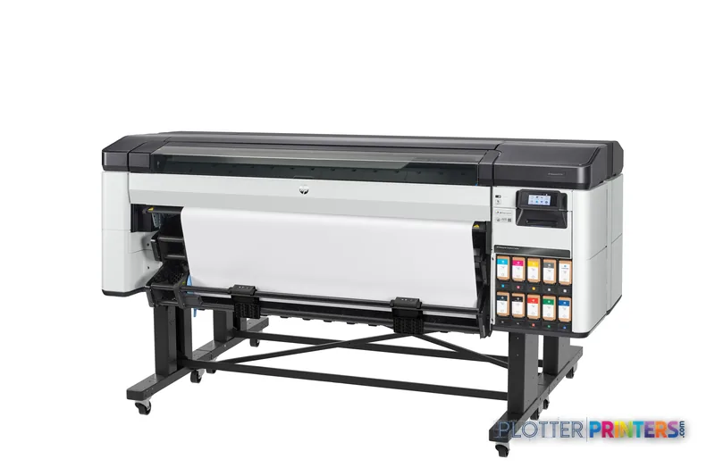 HP DesignJet Z9+ Pro 64-in printer front-left view showing white and black chassis with ink cartridges