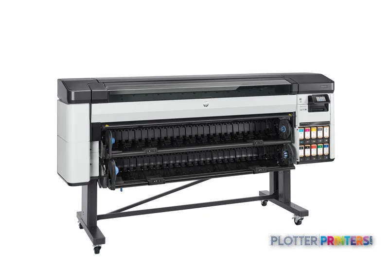 HP DesignJet Z9+ Pro 64-in printer front-right view showing white and black chassis with dual ink cartridge bays