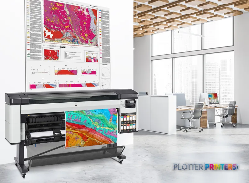 HP DesignJet Z9+ Pro 64-in printer in a modern office setting, displaying a colorful heat map printout