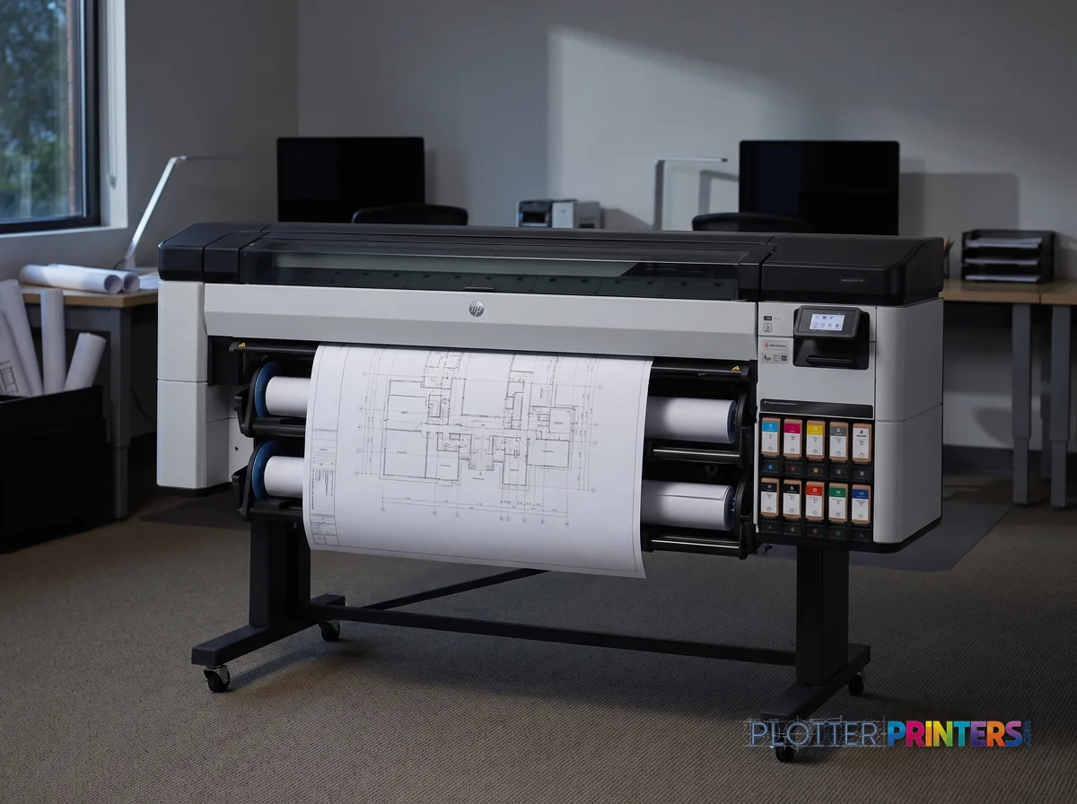 HP DesignJet Z9+ Pro 64-in Printer in an engineering office with a technical drawing at its print slot (staged scene from manufacturer product photography)