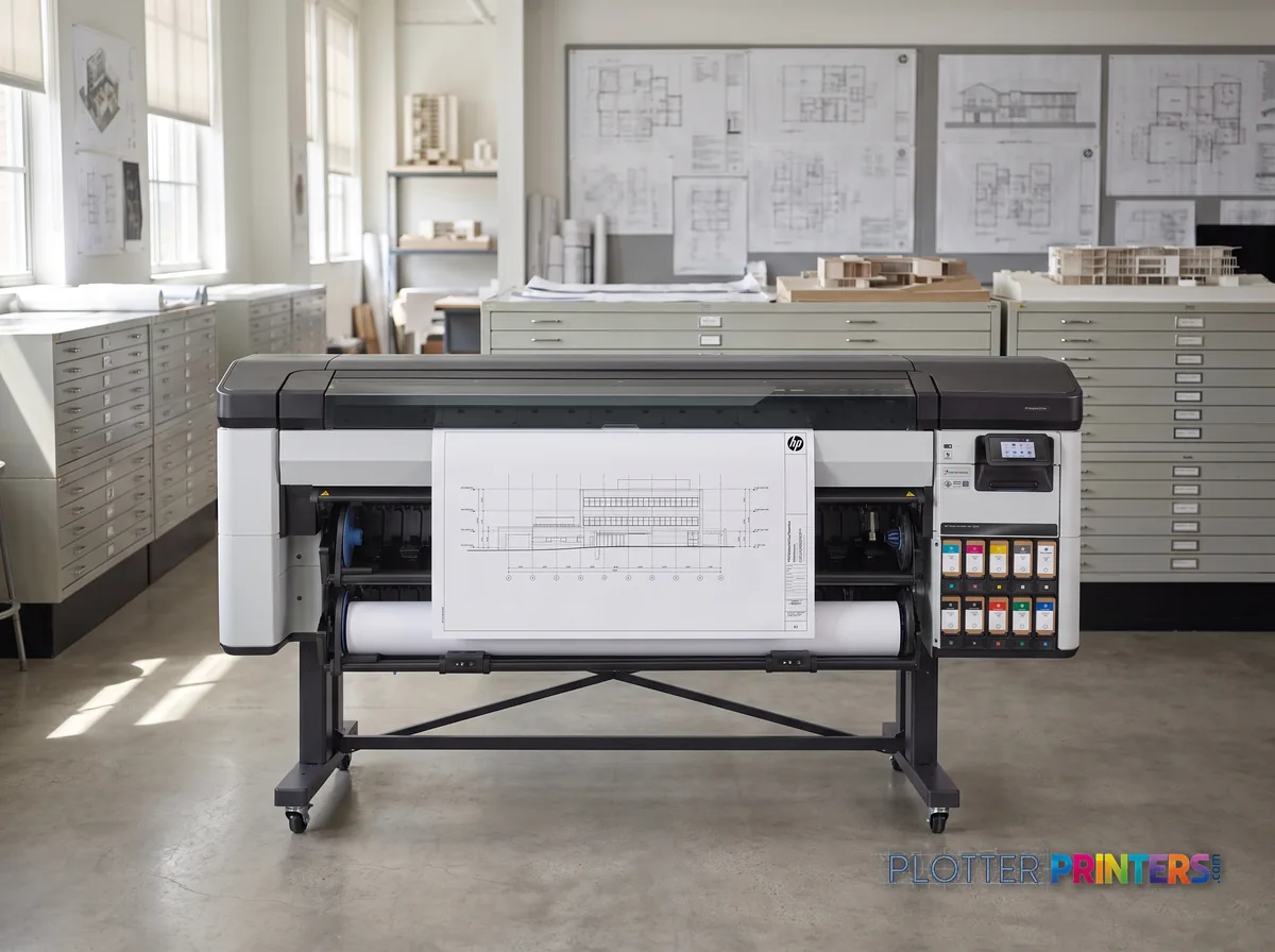 HP DesignJet Z9+ Pro 64-in Printer in a plan room beside flat-file drawers, printing a CAD elevation (staged scene from manufacturer product photography)
