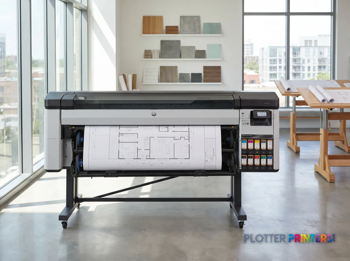HP DesignJet Z9+ Pro 64-in Printer in a bright architecture studio, printing a large floor plan (staged scene from manufacturer product photography)