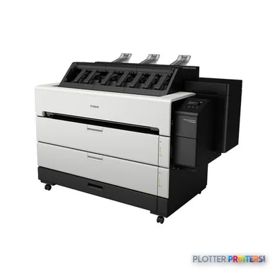 Canon imagePROGRAF TZ-30000 large format printer product image showing white and black inkjet printer with paper trays and e…