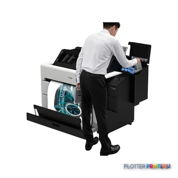 Canon imagePROGRAF TZ-30000 large format printer product image showing operator loading paper with color output visible