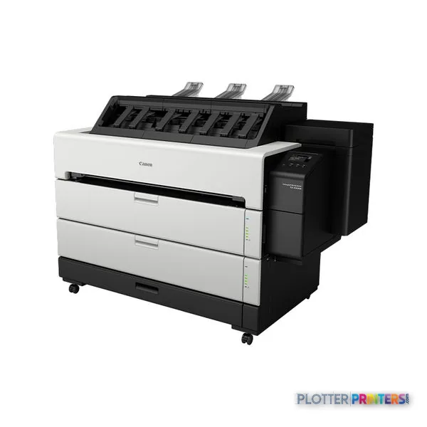 Canon imagePROGRAF TZ-30000 large format printer product image showing white and black inkjet printer with paper trays and e…