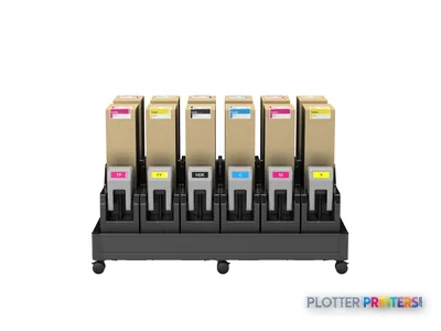Epson SureColor SC-F10000H ink cartridge station with six color cartridges mounted on mobile base