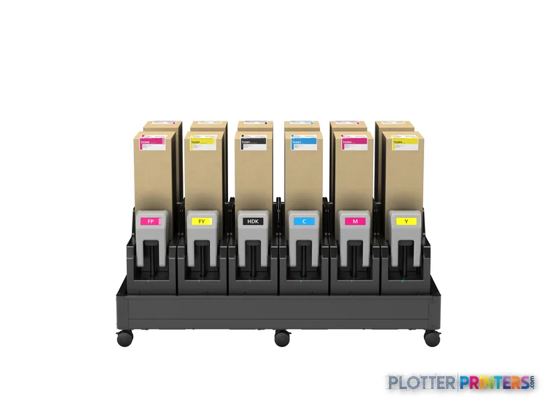 Epson SureColor SC-F10000H ink cartridge station with six color cartridges mounted on mobile base