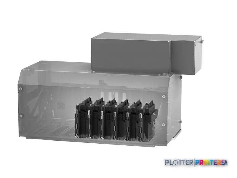 Epson SureColor SC-F10000H large format printer product image showing grey and black chassis with visible ink cartridge syst…