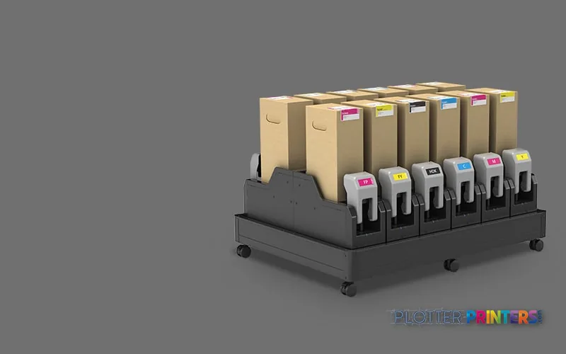 Epson SureColor SC-F10000H product image showing ink cartridges and storage boxes on a mobile cart