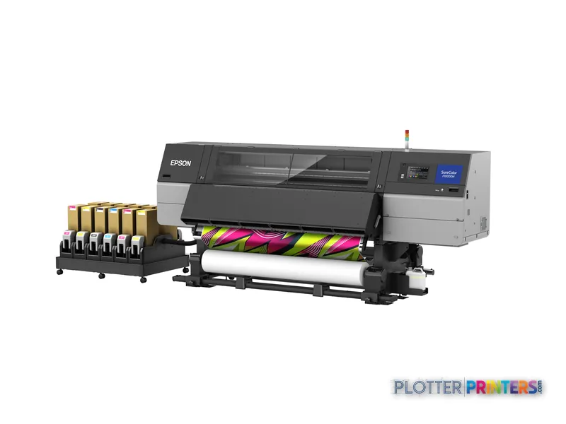 Epson SureColor SC-F10000H large format inkjet printer with ink cartridge system and colorful test print