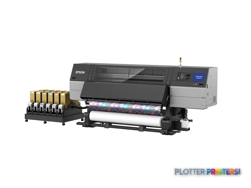 Epson SureColor SC-F10000H large format inkjet printer with ink cartridge station and media roll loaded