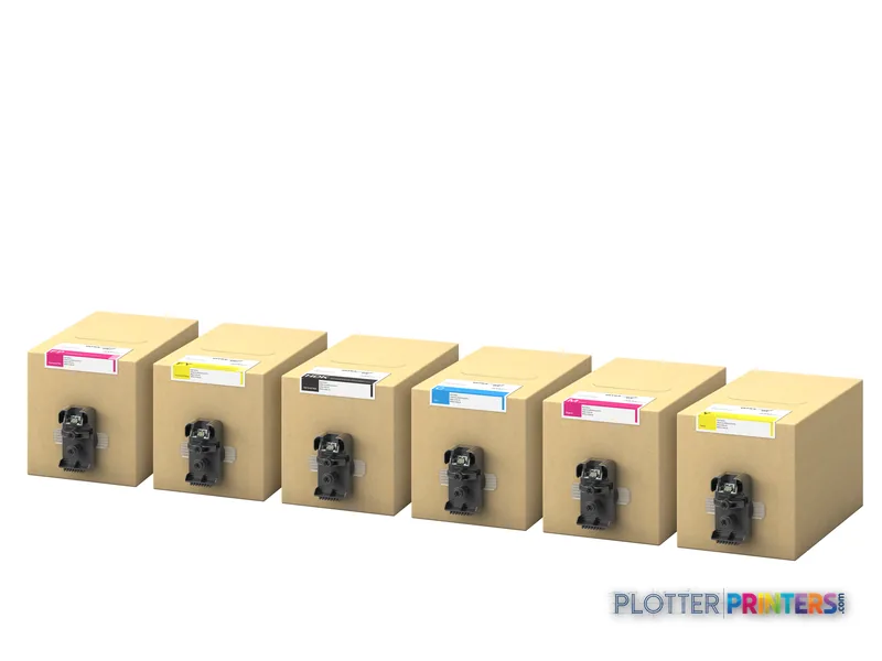 Epson SureColor SC-F10000H ink cartridge set showing six color cartridges in kraft packaging