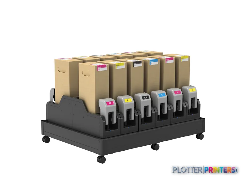 Epson SureColor SC-F10000H large format printer with ink cartridge system and cardboard supply boxes