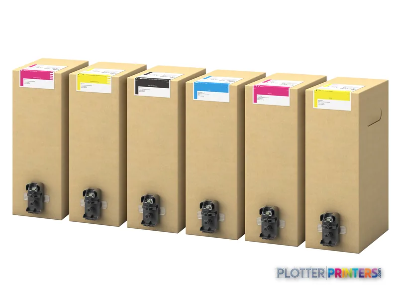 Epson SureColor SC-F10000H ink cartridge set showing six colored ink bags in cardboard packaging