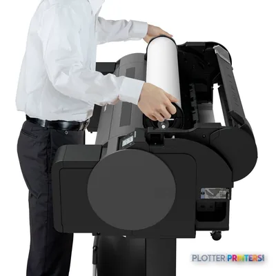Canon imagePROGRAF GP-300 product image showing a person loading paper into the rear feed tray