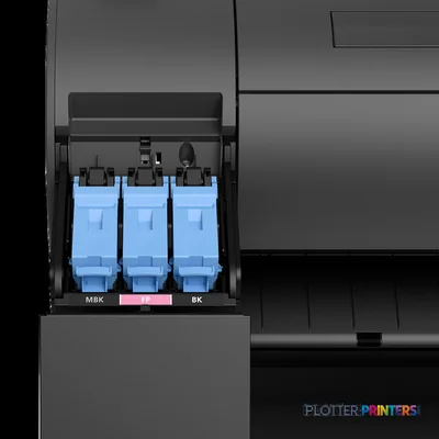 Canon imagePROGRAF GP-300 product image showing open ink cartridge bay with three blue ink tanks labeled MBK, FP, and BK