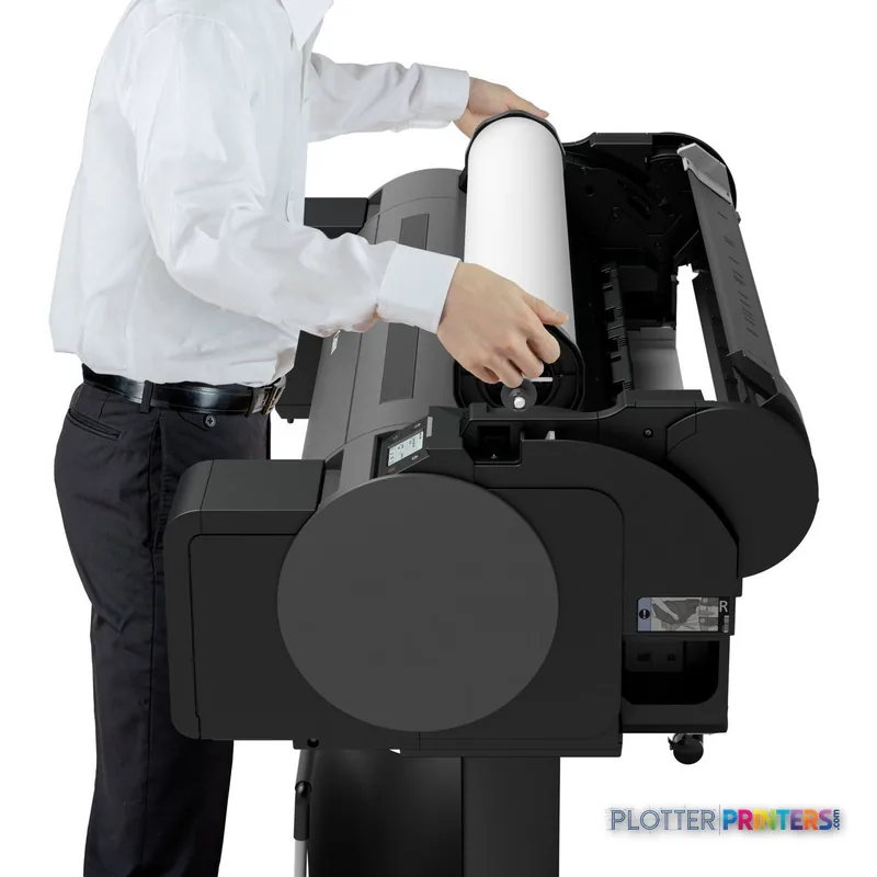 Canon imagePROGRAF GP-300 product image showing a person loading paper into the rear feed tray