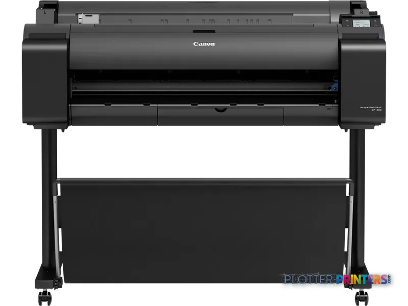 Canon imagePROGRAF GP-300 large format printer front view, black with stand