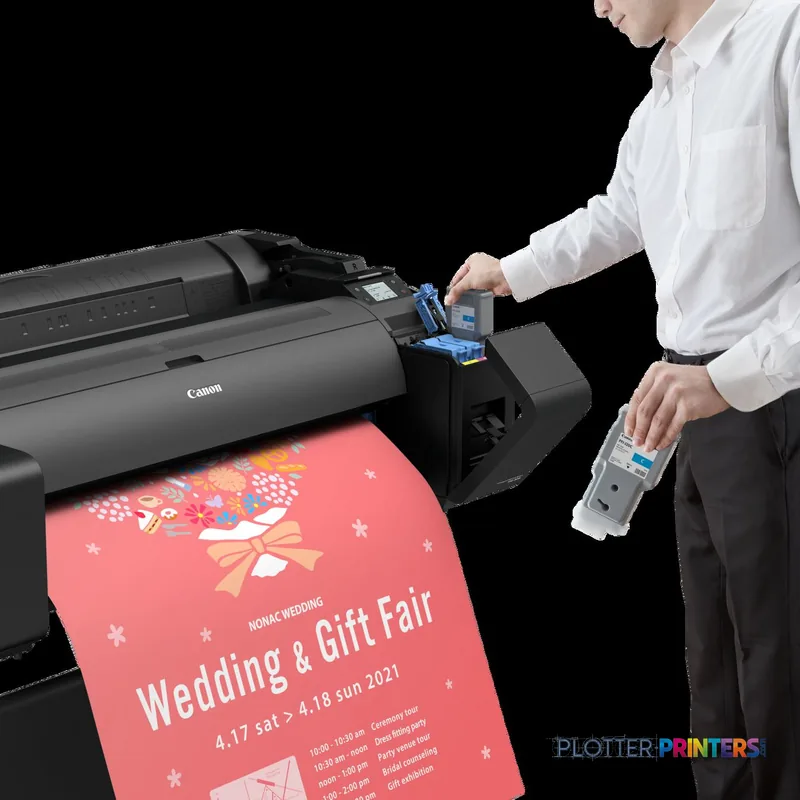 Canon imagePROGRAF GP-300 product view showing black printer with user replacing ink cartridge while colorful poster prints…