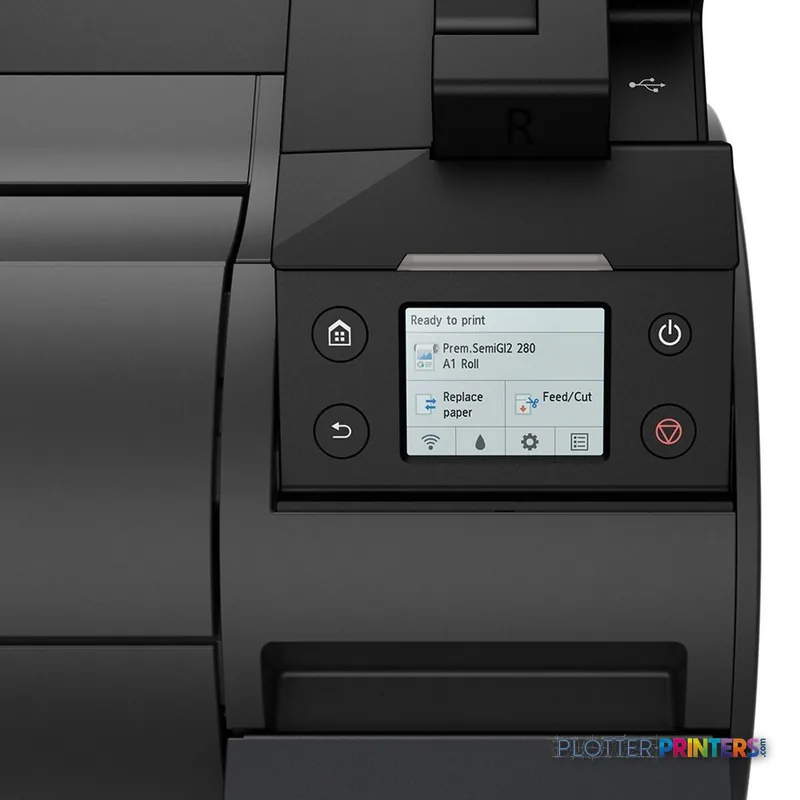 Canon imagePROGRAF GP-200 large format printer product image showing control panel with touchscreen display and navigation b…